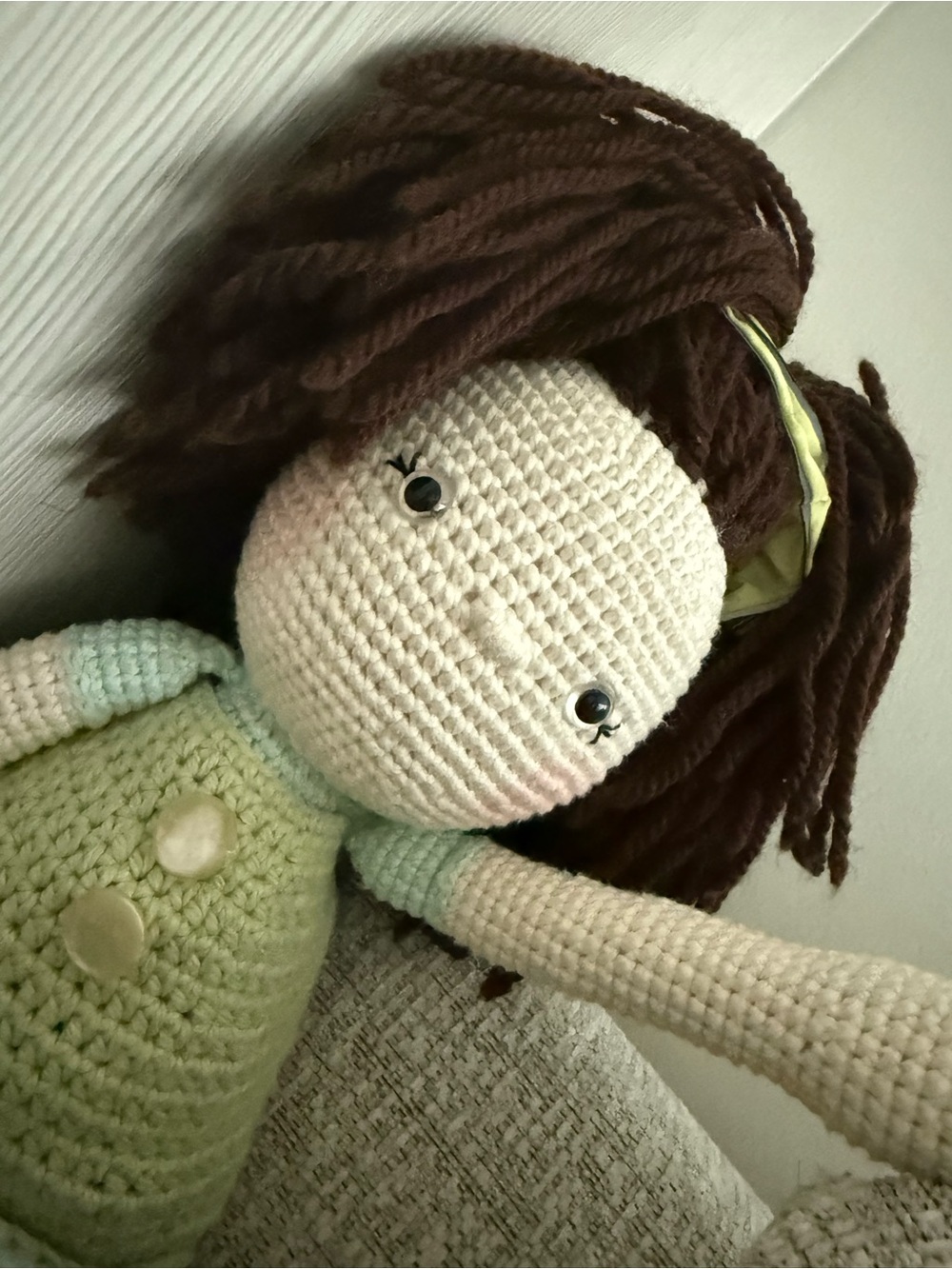 Handmade Cream & Green Crochet Girl Doll with Brown Hair - Picture 3 of 4